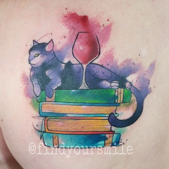 Literary Ink, blog post by Aspasia S. Bissas, aspasiasbissas.com. Literary tattoos. book tattoo. cat, wine, books, watercolor tattoo